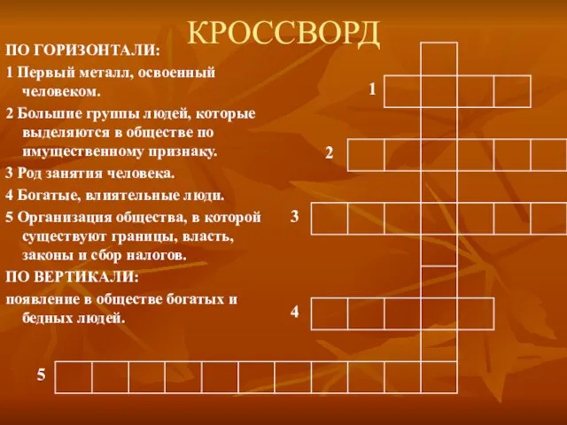 КРОССВОРД ПО ГОРИЗОНТАЛИ: 1 Первый металл, освоенный человеком. 2 Большие группы