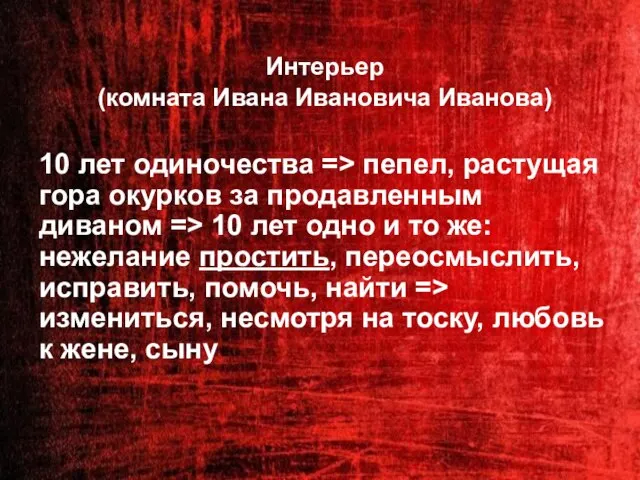 Интерьер (комната Ивана Ивановича Иванова) 10 лет одиночества => пепел, растущая