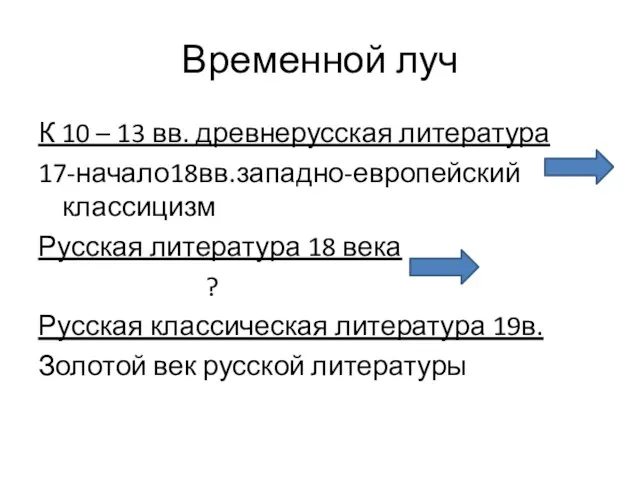 Временной луч К 10 – 13 вв. древнерусская литература 17-начало18вв.западно-европейский классицизм