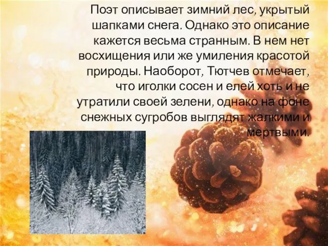 Поэт описывает зимний лес, укрытый шапками снега. Однако это описание кажется