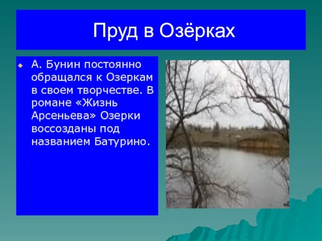 Пруд в Озёрках А. Бунин постоянно обращался к Озеркам в своем