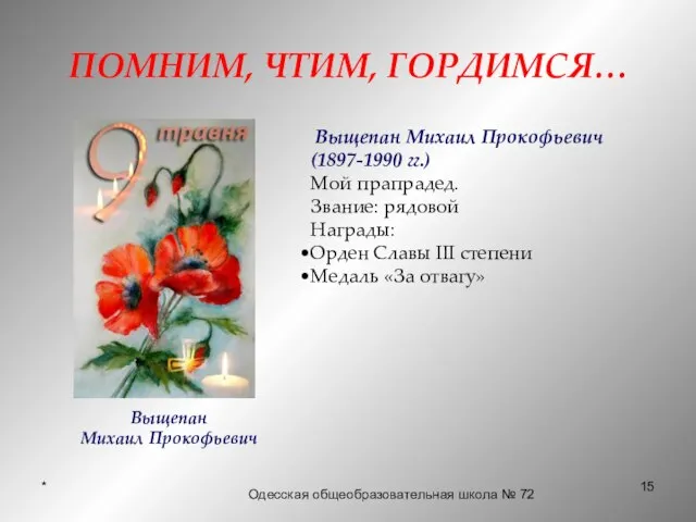 * ПОМНИМ, ЧТИМ, ГОРДИМСЯ… Выщепан Михаил Прокофьевич (1897-1990 гг.) Мой прапрадед.