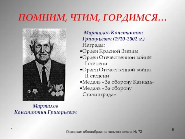 * ПОМНИМ, ЧТИМ, ГОРДИМСЯ… Марталов Константин Григорьевич (1910-2002 гг.) Награды: Орден