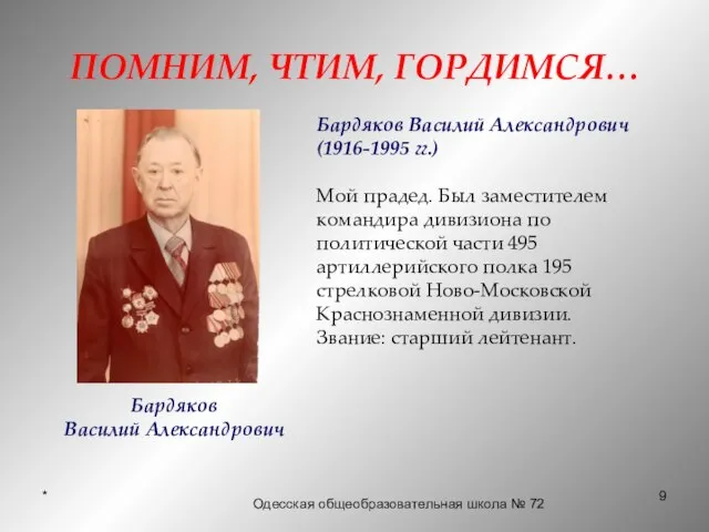 * ПОМНИМ, ЧТИМ, ГОРДИМСЯ… Бардяков Василий Александрович (1916-1995 гг.) Мой прадед.