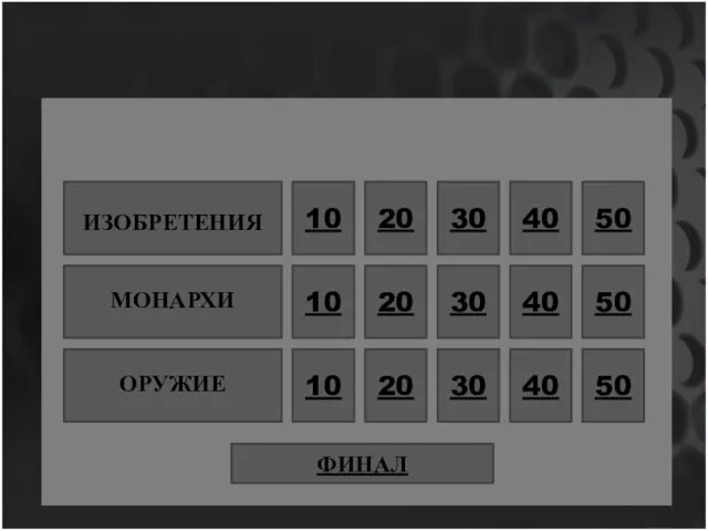 ИЗОБРЕТЕНИЯ МОНАРХИ ОРУЖИЕ 10 20 30 40 50 10 20 30