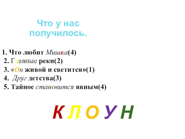 Что у нас получилось. 1. Что любит Мишка(4) 2. Главные реки(2)