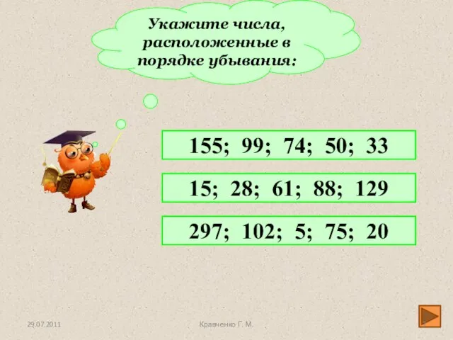 Укажите числа, расположенные в порядке убывания: 155; 99; 74; 50; 33