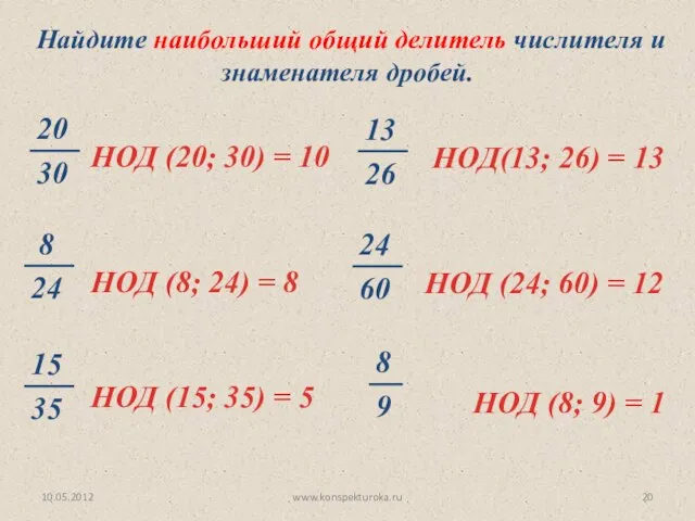 10.05.2012 www.konspekturoka.ru Найдите наибольший общий делитель числителя и знаменателя дробей. НОД