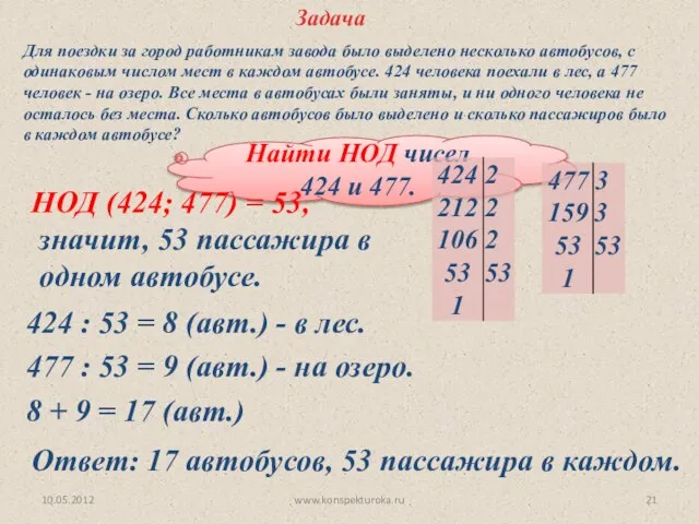 Задача Найти НОД чисел 424 и 477. НОД (424; 477) =