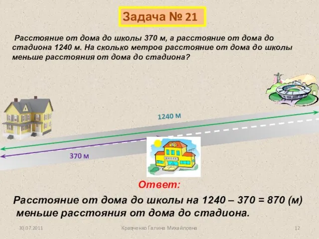 Задача № 21 Ответ: 370 м 1240 м Расстояние от дома