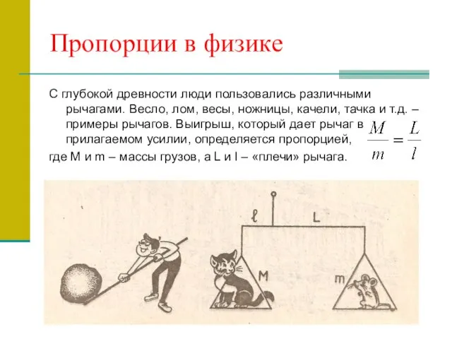 Пропорции в физике С глубокой древности люди пользовались различными рычагами. Весло,