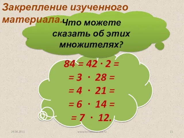 24.08.2011 www.konspekturoka.ru Разложите на 2 множителя число 84. 84 = 42