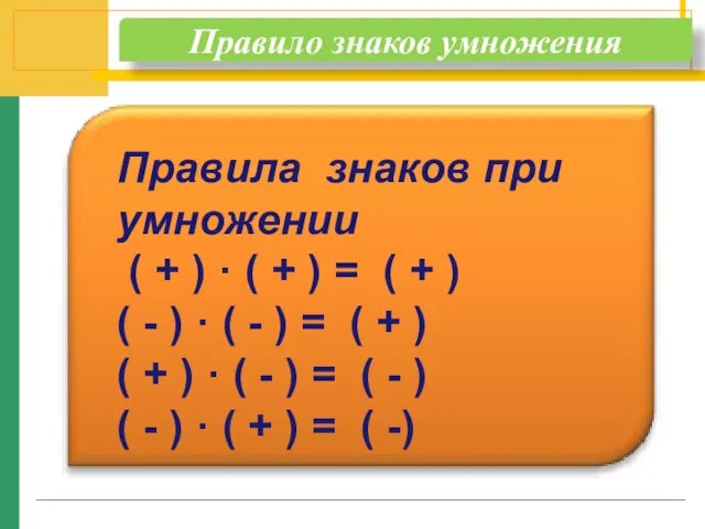 Правило знаков умножения Правила знаков при умножении ( + ) ·