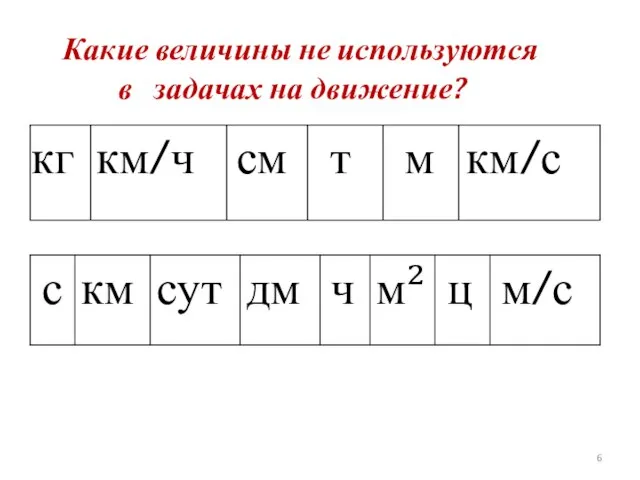 Какие величины не используются в задачах на движение? кг км/ч см