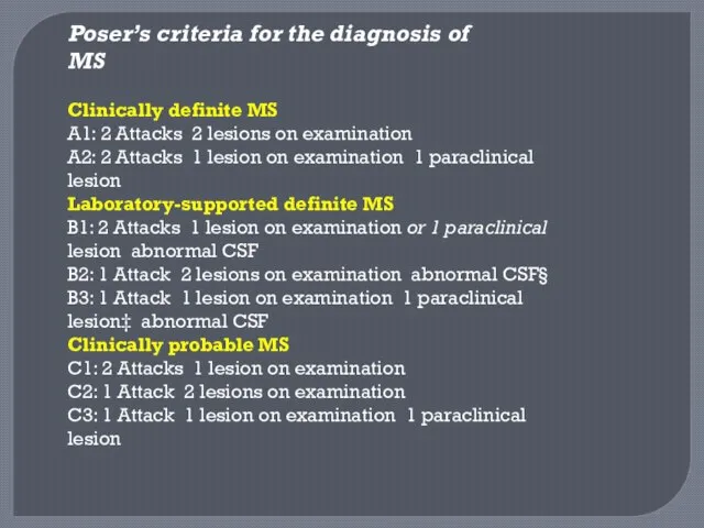 Poser’s criteria for the diagnosis of MS Clinically definite MS A1: