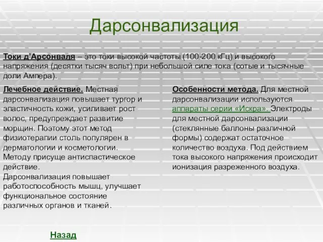 Дарсонвализация Токи д’Арсонваля – это токи высокой частоты (100-200 кГц) и