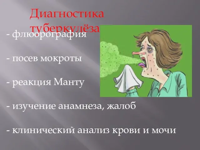 Диагностика туберкулёза флюорография посев мокроты реакция Манту изучение анамнеза, жалоб клинический анализ крови и мочи