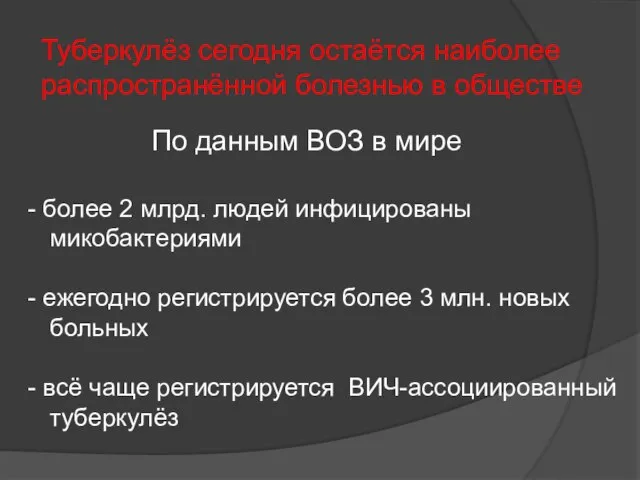 Туберкулёз сегодня остаётся наиболее распространённой болезнью в обществе По данным ВОЗ