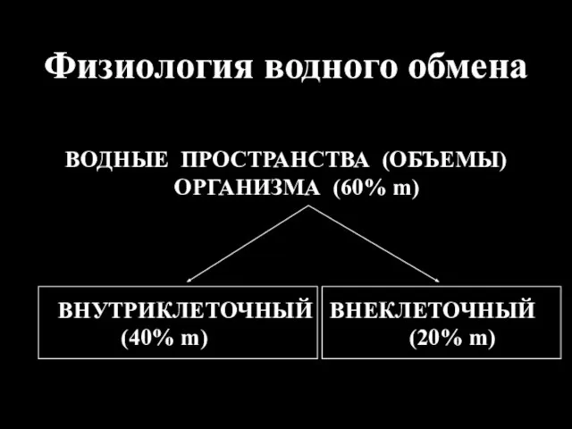 Физиология водного обмена ВОДНЫЕ ПРОСТРАНСТВА (ОБЪЕМЫ) ОРГАНИЗМА (60% m) ВНУТРИКЛЕТОЧНЫЙ ВНЕКЛЕТОЧНЫЙ (40% m) (20% m)