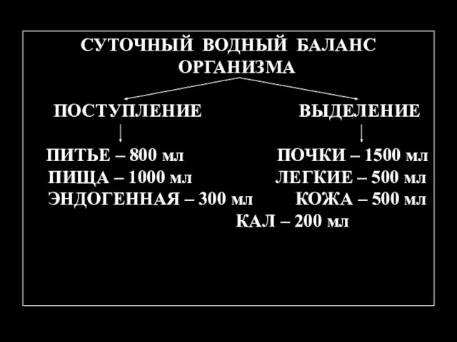 СУТОЧНЫЙ ВОДНЫЙ БАЛАНС ОРГАНИЗМА ПОСТУПЛЕНИЕ ВЫДЕЛЕНИЕ ПИТЬЕ – 800 мл ПОЧКИ