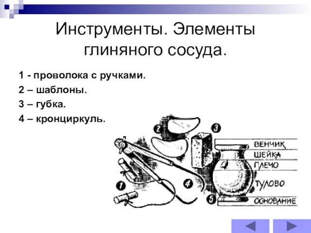 Инструменты. Элементы глиняного сосуда. 1 - проволока с ручками. 2 –