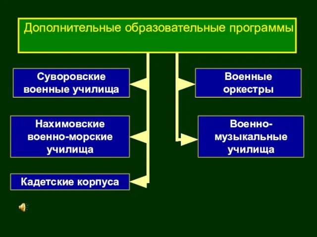 Дополнительные образовательные программы Суворовские военные училища Нахимовские военно-морские училища Кадетские корпуса Военные оркестры Военно-музыкальные училища