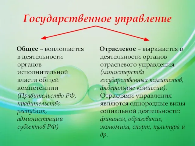 Государственное управление Общее – воплощается в деятельности органов исполнительной власти общей