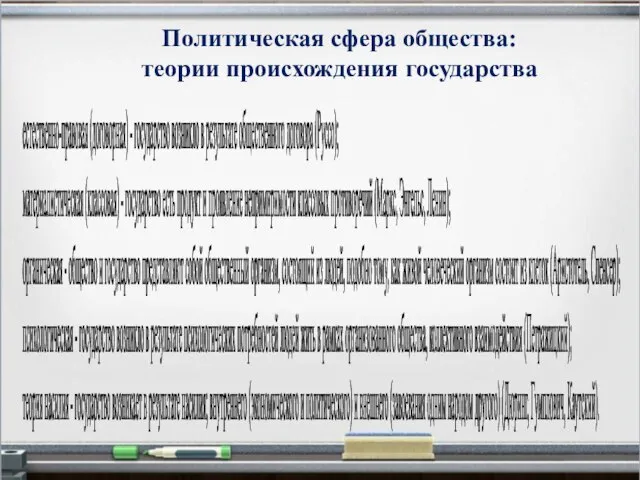 Политическая сфера общества: теории происхождения государства естественно-правовая (договорная) - государство возникло