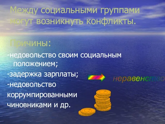 Между социальными группами могут возникнуть конфликты. Причины: -недовольство своим социальным положением;