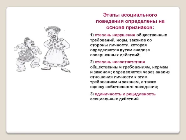 Этапы асоциального поведения определены на основе признаков: 1) степень нарушения общественных