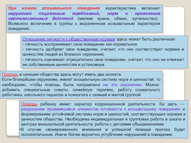 При начале асоциального поведения характеристика включает нарушение социальных требований, норм и