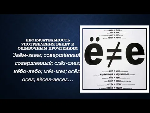 Необязательность употребления ведет к ошибочным прочтениям Заём-заем; совершённый-совершенный; слёз-слез; нёбо-небо; мёл-мел; осёл-осел; вёсел-весел…