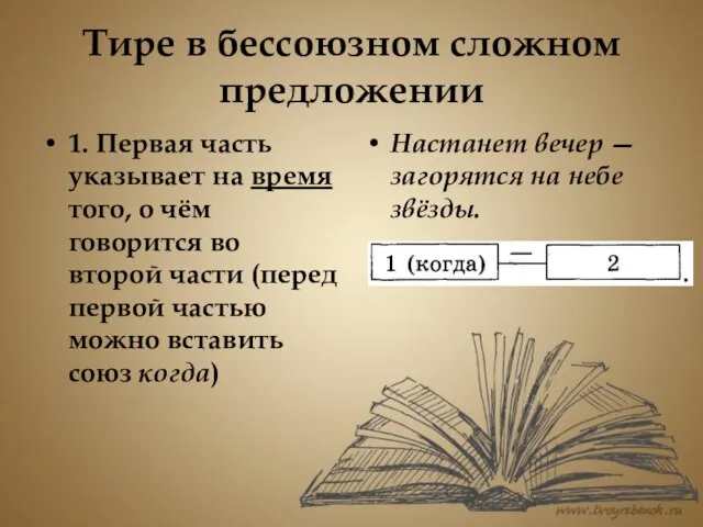 Тире в бессоюзном сложном предложении 1. Первая часть указывает на время