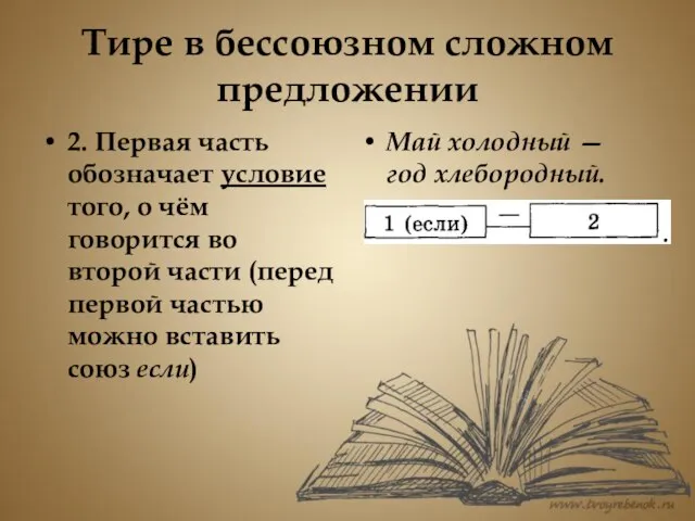 Тире в бессоюзном сложном предложении 2. Первая часть обозначает условие того,