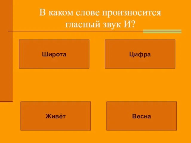 В каком слове произносится гласный звук И? Широта Цифра Живёт Весна