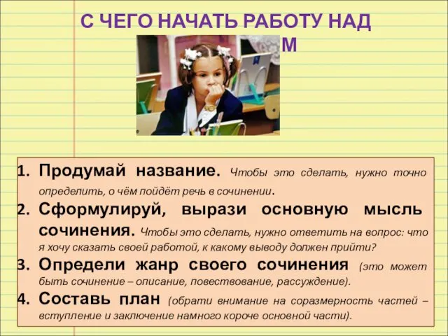 С ЧЕГО НАЧАТЬ РАБОТУ НАД СОЧИНЕНИЕМ Продумай название. Чтобы это сделать,