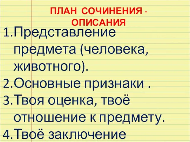 ПЛАН СОЧИНЕНИЯ - ОПИСАНИЯ Представление предмета (человека, животного). Основные признаки .