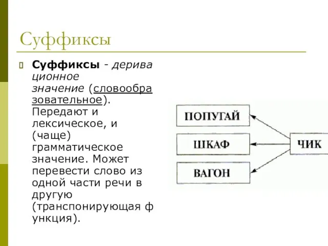 Суффиксы Суффиксы - деривационное значение (словообразовательное). Передают и лексическое, и (чаще)