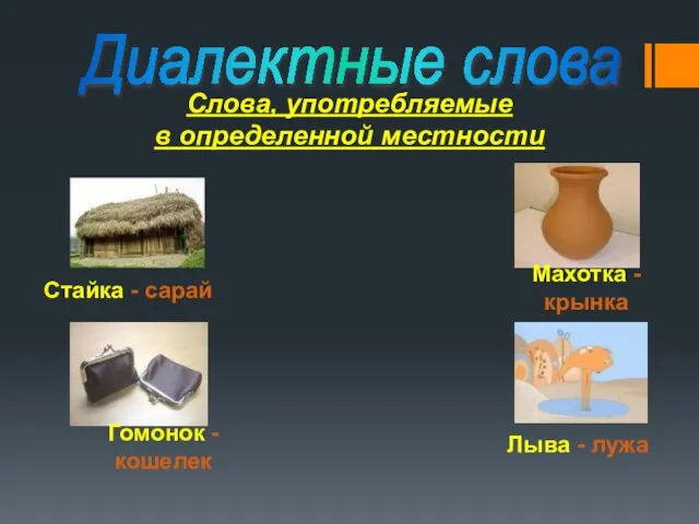 Диалектные слова Слова, употребляемые в определенной местности Стайка - сарай Махотка