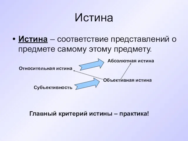 Истина Истина – соответствие представлений о предмете самому этому предмету. Относительная