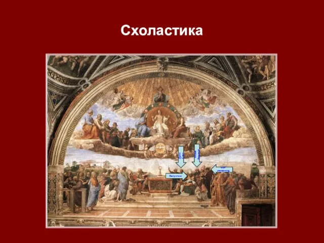 Схоластика Рафаэль. «Диспута». Фома Аквинат Бонавентура Дунс Скот Августин