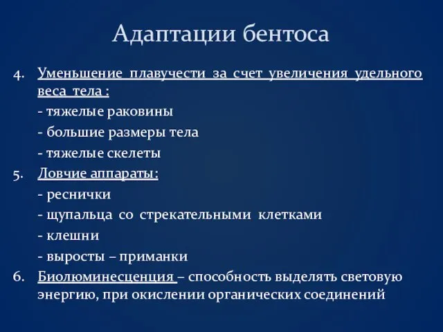 Адаптации бентоса 4. Уменьшение плавучести за счет увеличения удельного веса тела