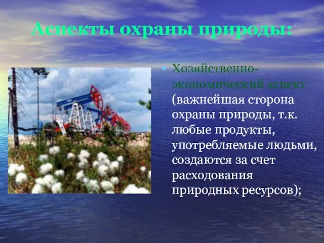 Аспекты охраны природы: Хозяйственно-экономический аспект (важнейшая сторона охраны природы, т.к. любые