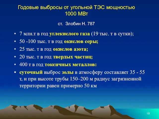 Годовые выбросы от угольной ТЭС мощностью 1000 МВт ст. Злобин Н.