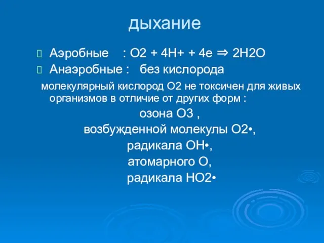 дыхание Аэробные : О2 + 4Н+ + 4е ⇒ 2Н2О Анаэробные