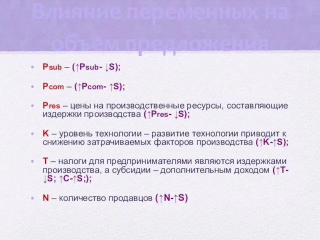 Влияние переменных на объем предложения Psub – (↑Psub- ↓S); Pcom –