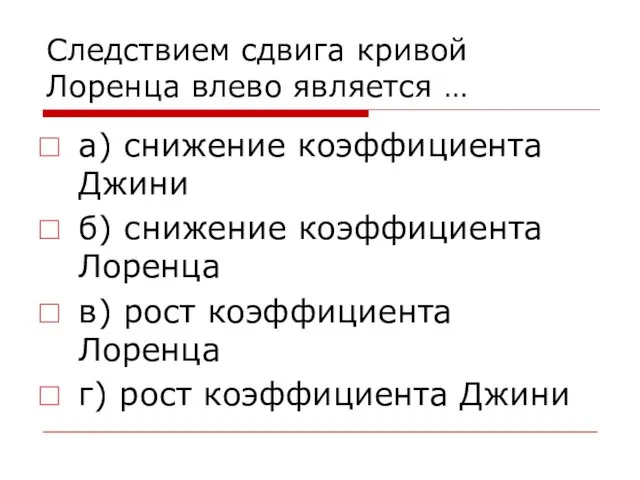 Следствием сдвига кривой Лоренца влево является … а) снижение коэффициента Джини