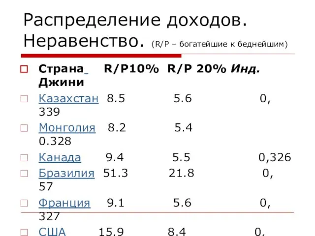 Распределение доходов. Неравенство. (R/P – богатейшие к беднейшим) Страна R/P10% R/P