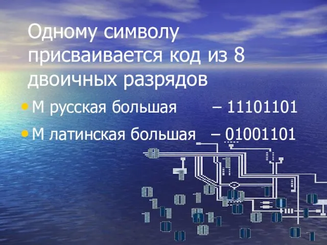 Одному символу присваивается код из 8 двоичных разрядов М русская большая