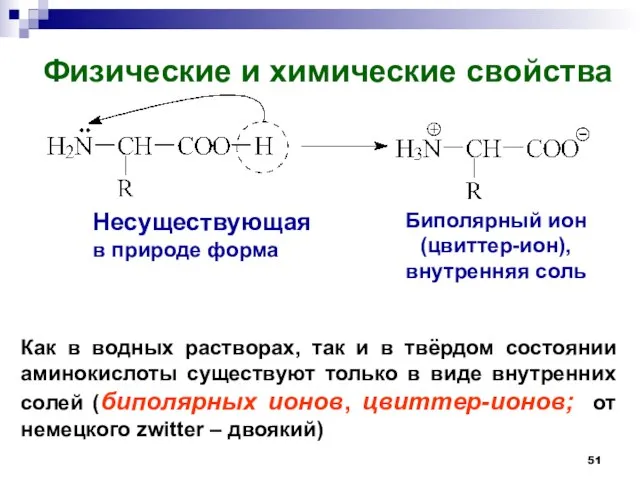 Несуществующая в природе форма Биполярный ион (цвиттер-ион), внутренняя соль Физические и